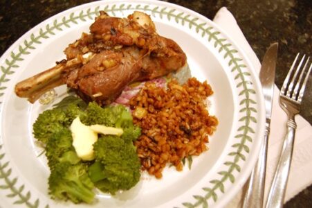 Braised Lamb Shanks with Brown Rice-Einkorn Wheat-Barley Pilaf Image